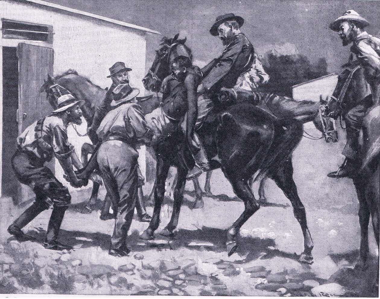 Ezaw próbuje uciec, z After Pretoria: The Guerilla War wydanego przez Harmsworth Bros Limited, 1901 autorstwa A. C. Ball