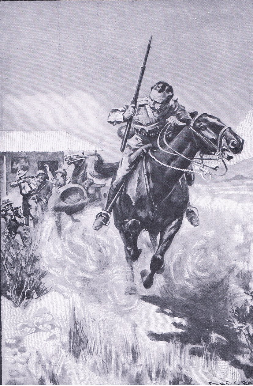 Ucieczka zwiadowcy z After Pretoria: The Guerilla War wydanego przez Harmsworth Bros Limited autorstwa A. C. Ball