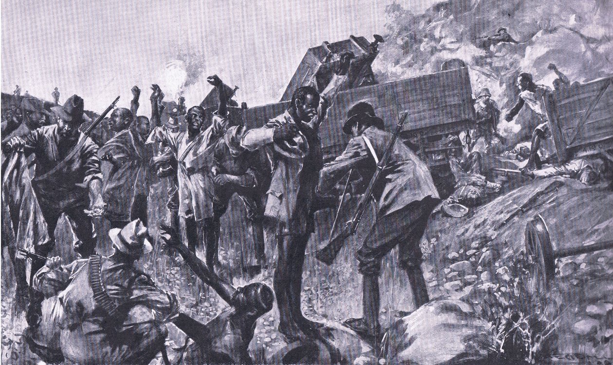 Rozbicie pociągu w pobliżu Taaibosch, z książki After Pretoria: The Guerilla War wydanej przez Harmsworth Bros Limited, 1901 autorstwa A. C. Ball
