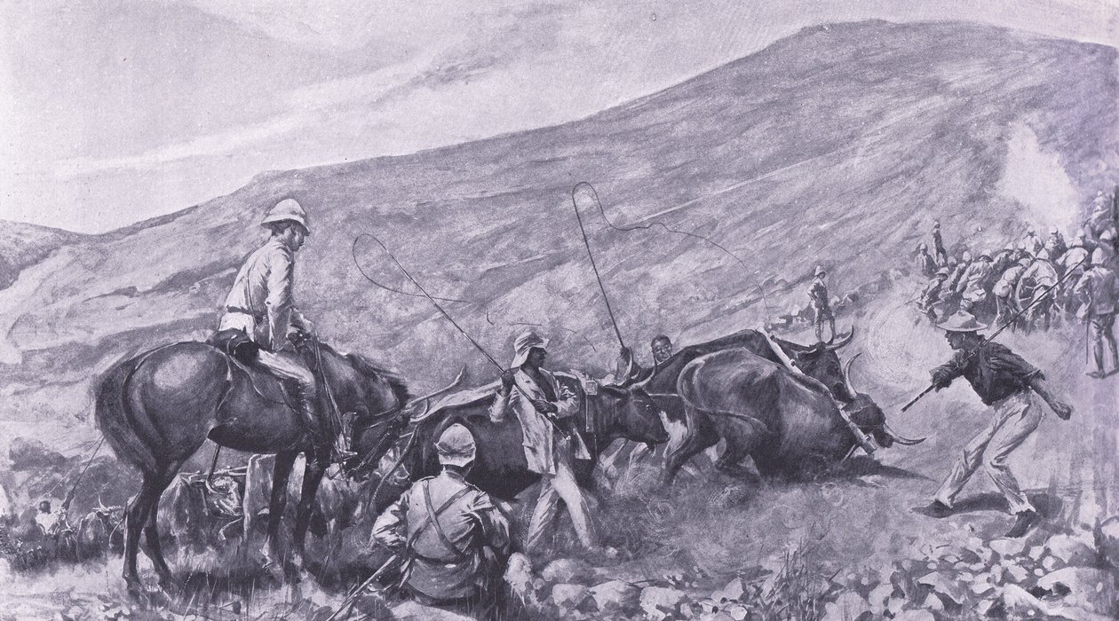 Trudności w transporcie w Barberton: Jak broń i wagony zostały podniesione w góry, ilustracja z After Pretoria: The Guerilla War, 1902 autorstwa A. C. Ball