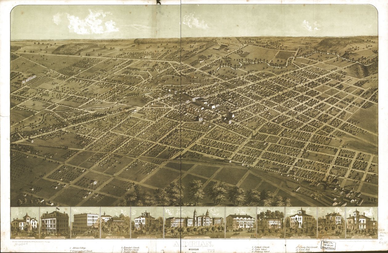 Adrian, Michigan 1866. LOC 73693418 autorstwa A.; Chicago Lithographing Co. Ruger