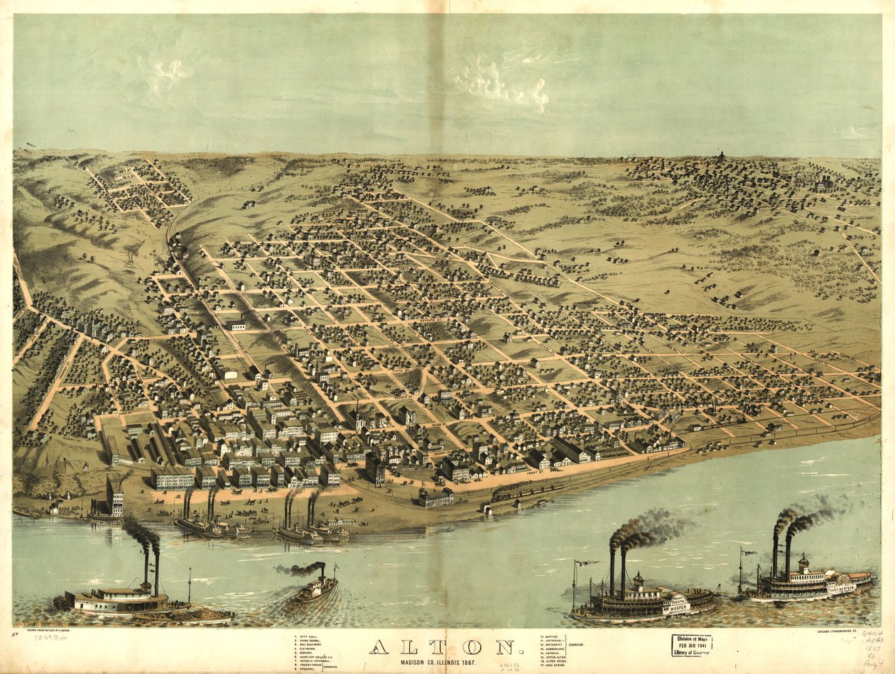 Alton, Madison Co., Illinois 1867. LOC 73693340 autorstwa A.; Chicago Lithographing Co. Ruger