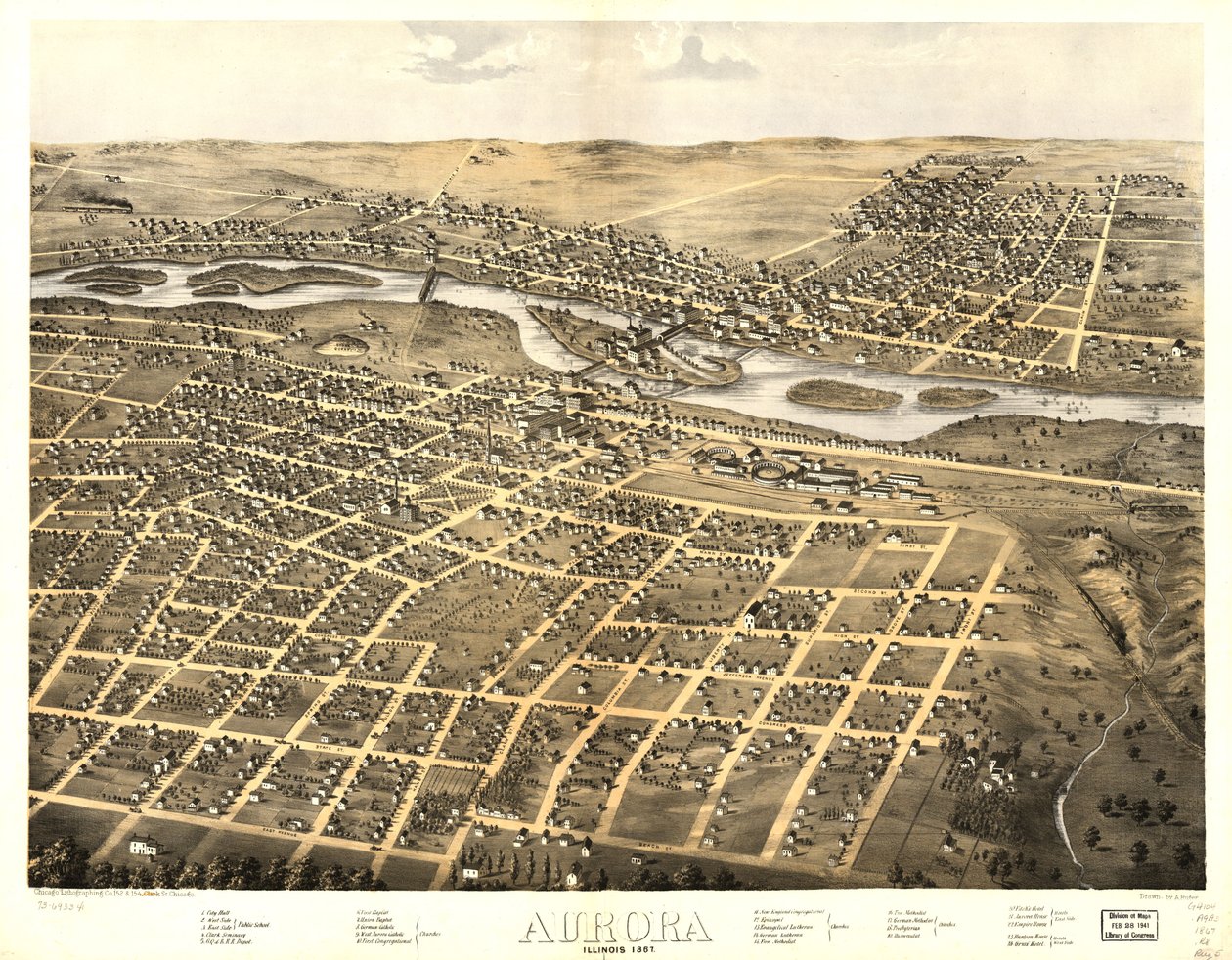 Aurora, Illinois 1867 r. LOC 73693341 autorstwa A.; Chicago Lithographing Co. Ruger