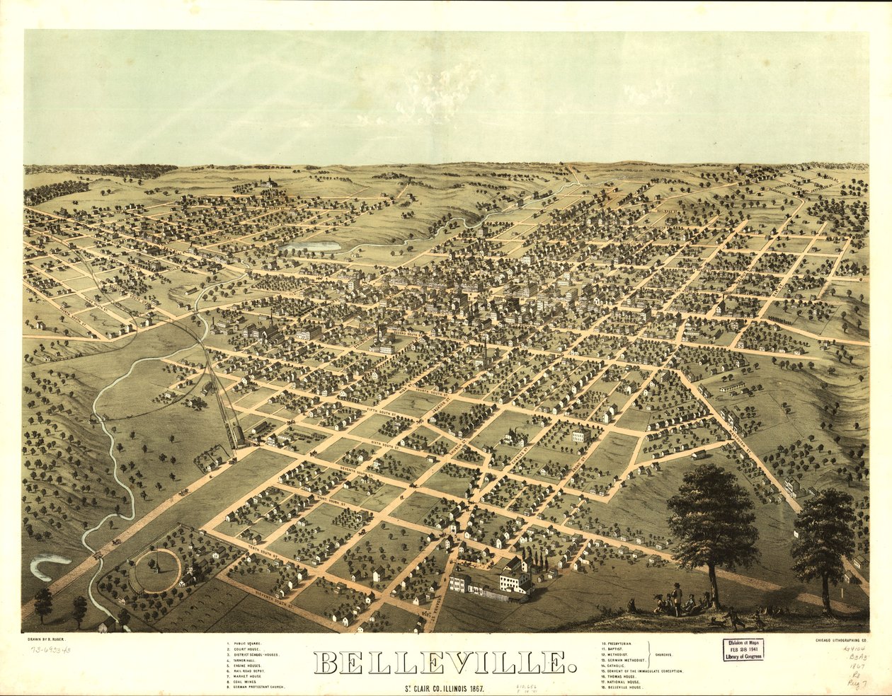 Belleville, St. Clair Co, Illinois 1867. LOC 73693343 autorstwa A.; Chicago Lithographing Co. Ruger