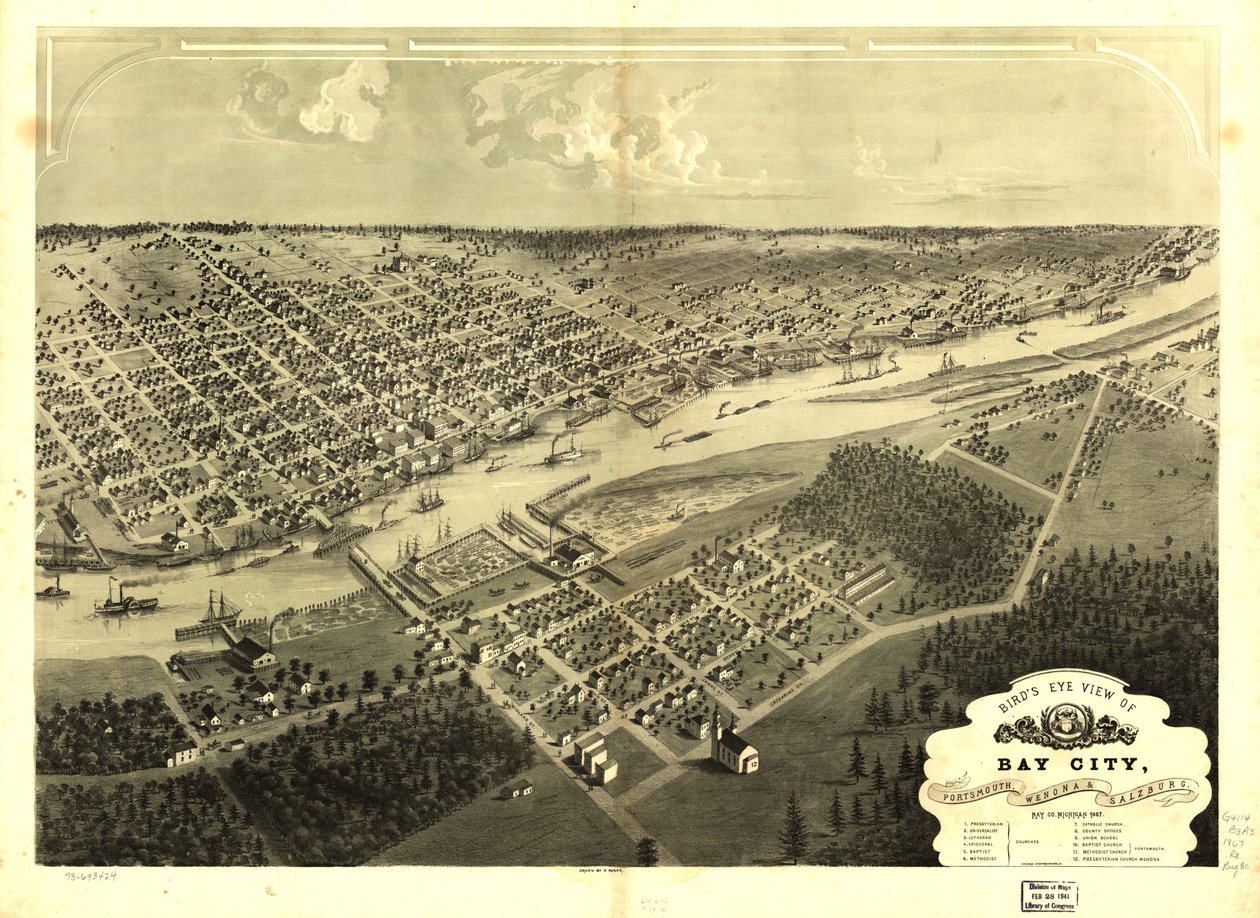 Widok z lotu ptaka na Bay City, Portsmouth, Wenona i Salzburg, Bay Co., Michigan 1867. LOC 73693424 autorstwa A.; Chicago Lithographing Co. Ruger