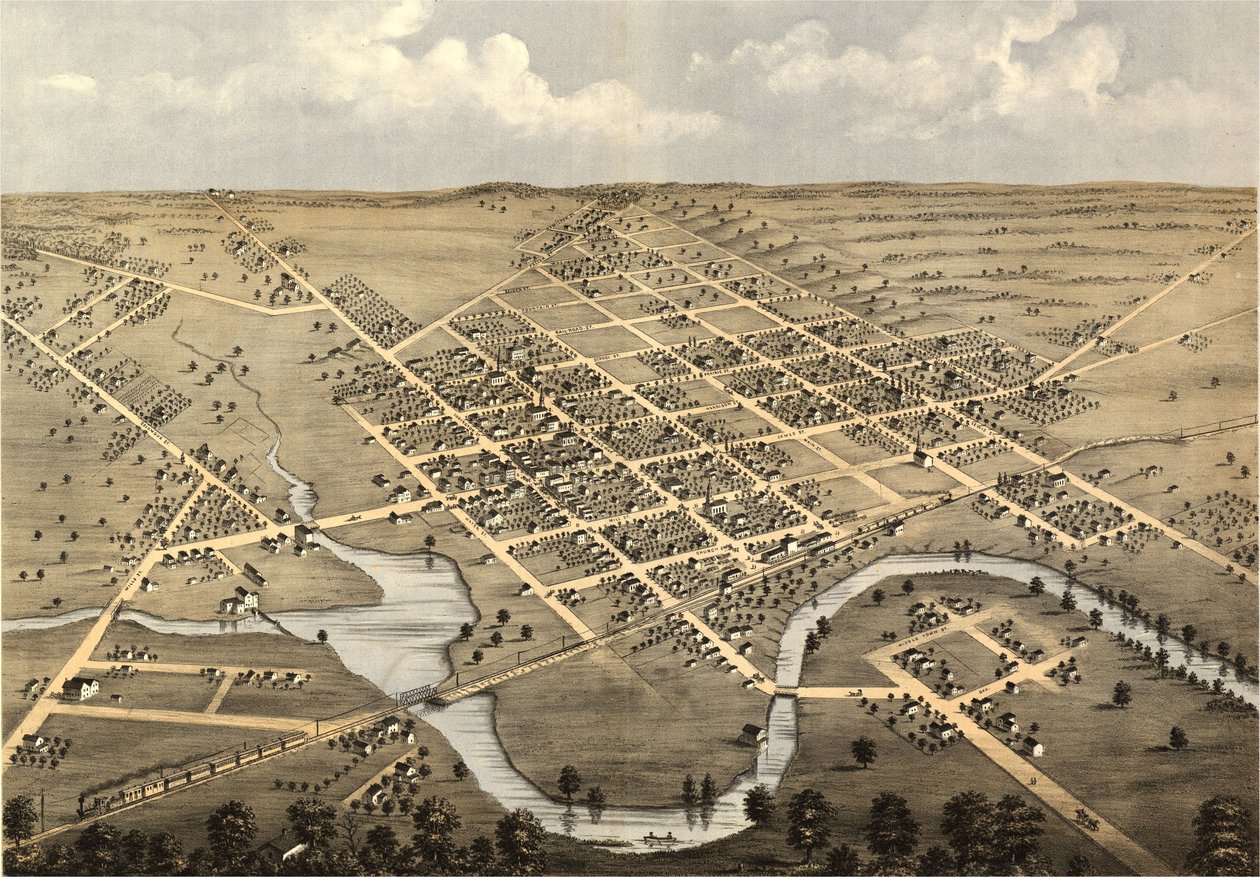 Widok z lotu ptaka na Columbus, Columbia Co., Wisconsin, 1868 r. LOC 73694538 autorstwa A.; Chicago Lithographing Co. Ruger