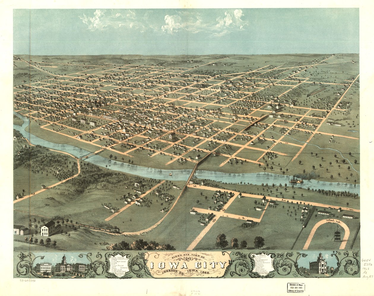 Widok z lotu ptaka na Iowa City, Johnson Co., Iowa 1868. LOC 73693398 autorstwa A.; Chicago Lithographing Co. Ruger