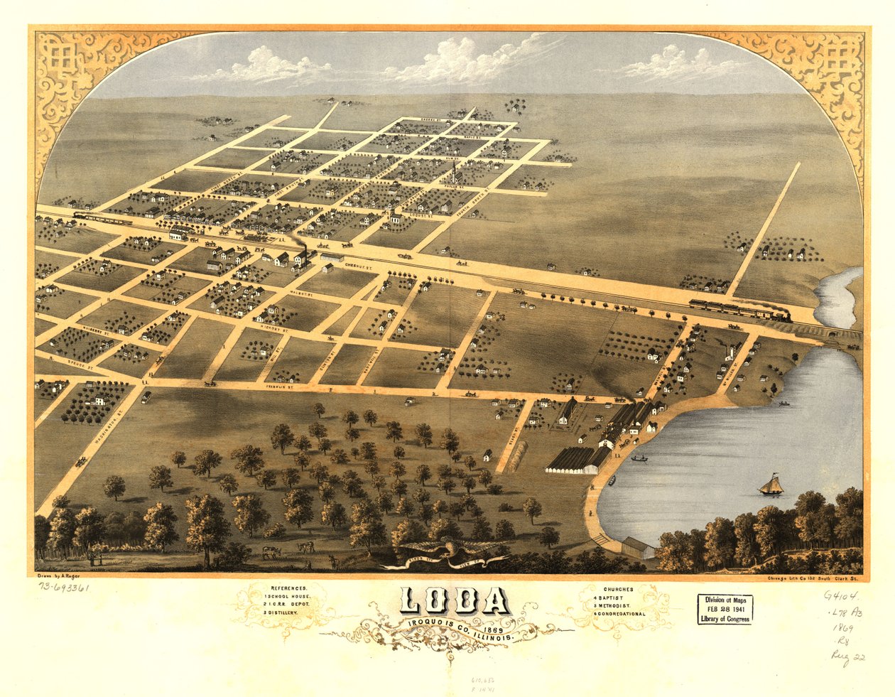 Widok z lotu ptaka na Loda, Iroquois Co., Illinois 1869. LOC 73693361 autorstwa A.; Chicago Lithographing Co. Ruger