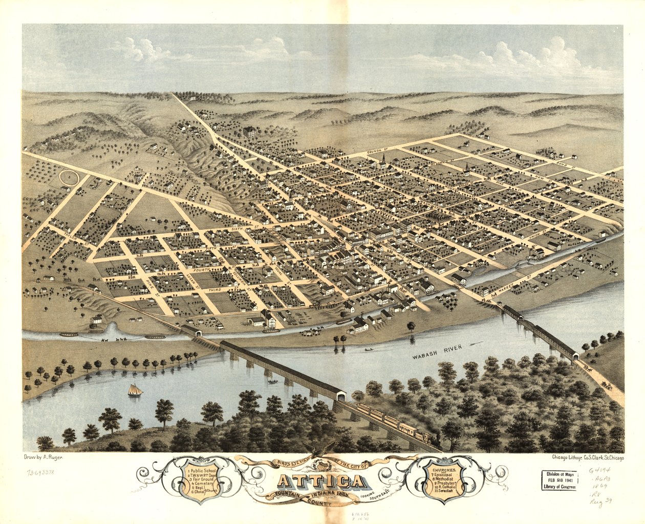 Widok miasta Attica z lotu ptaka, hrabstwo Fountain, Indiana, 1869 r. LOC 73693378 autorstwa A.; Chicago Lithographing Co. Ruger