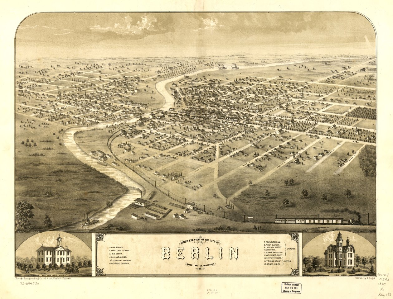 Widok miasta Berlin z lotu ptaka, Green Lake Co., Wisconsin 1867. LOC 73694536 autorstwa A.; Chicago Lithographing Co. Ruger