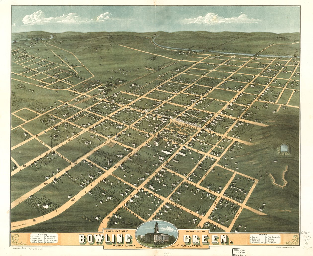 Widok miasta Bowling Green z lotu ptaka, hrabstwo Warren, Kentucky, 1871 r. LOC 73693412 autorstwa A.; Chicago Lithographing Co. Ruger