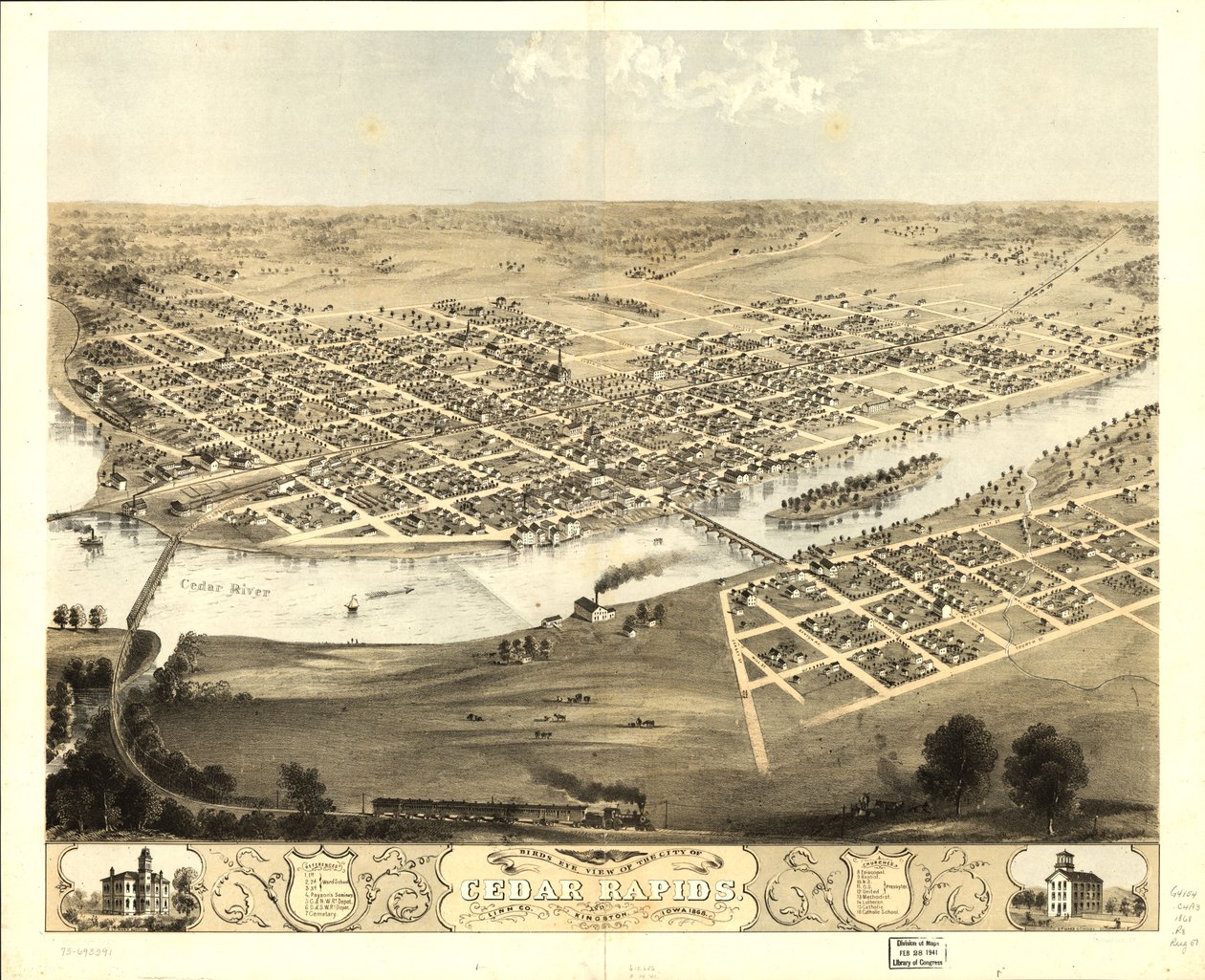 Widok z lotu ptaka na miasto Cedar Rapids i Kingston, Linn Co., Iowa 1868. LOC 73693391 autorstwa A.; Chicago Lithographing Co. Ruger