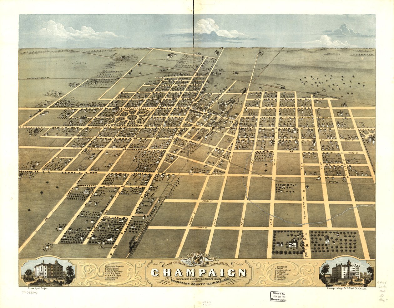 Widok miasta Champaign z lotu ptaka, hrabstwo Champaign, Illinois, 1869 r. LOC 73693348 autorstwa A.; Chicago Lithographing Co. Ruger