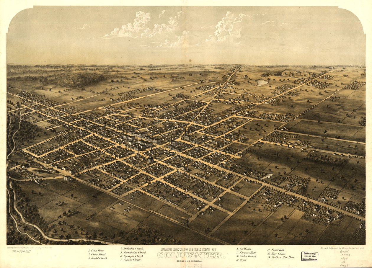 Widok z lotu ptaka na miasto Coldwater, Branch Co., Michigan. LOC 73693425 autorstwa A.; Chicago Lithographing Co. Ruger