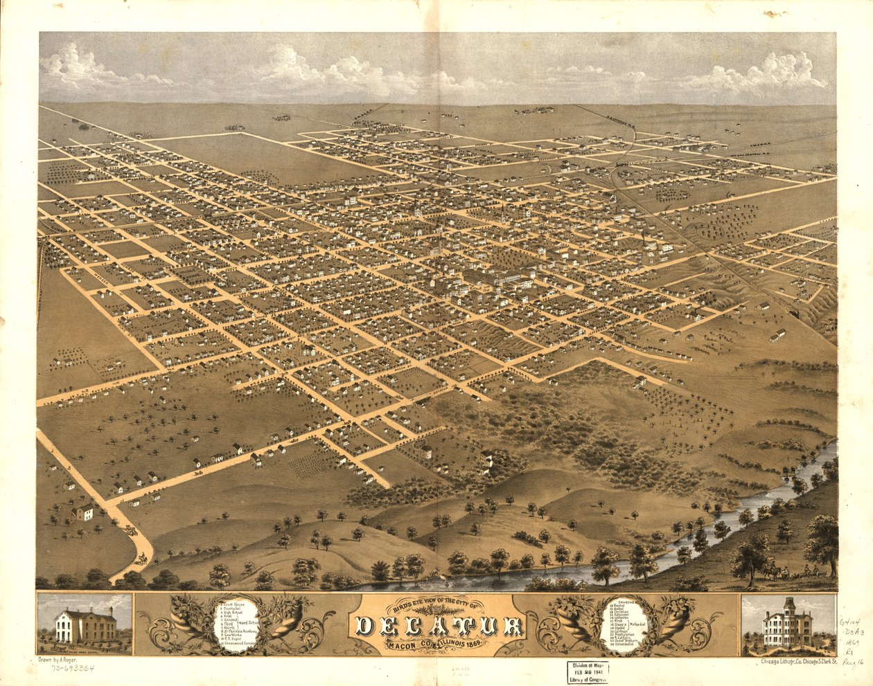 Widok z lotu ptaka na miasto Decatur, Macon Co., Illinois, 1869. LOC 73693354 autorstwa A.; Chicago Lithographing Co. Ruger
