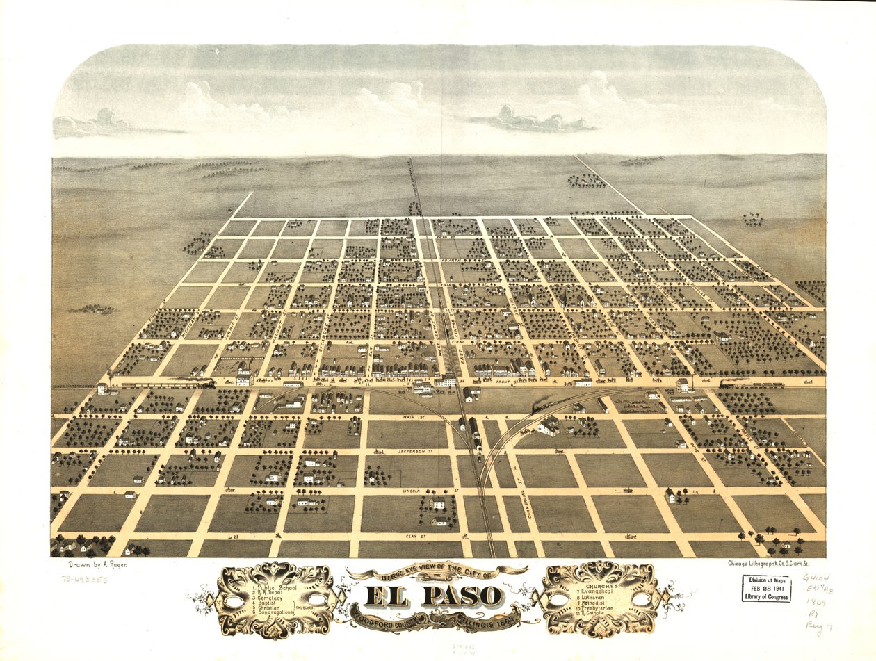 Widok miasta El Paso z lotu ptaka, hrabstwo Woodford, Illinois, 1869 r. LOC 73693355 autorstwa A.; Chicago Lithographing Co. Ruger