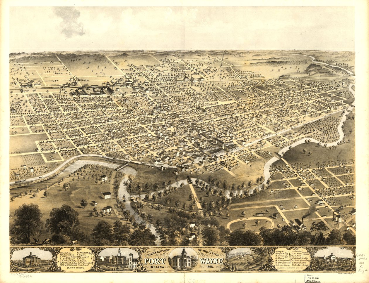 Widok miasta Fort Wayne w stanie Indiana z lotu ptaka, 1868 r. LOC 73693381 autorstwa A.; Chicago Lithographing Co. Ruger