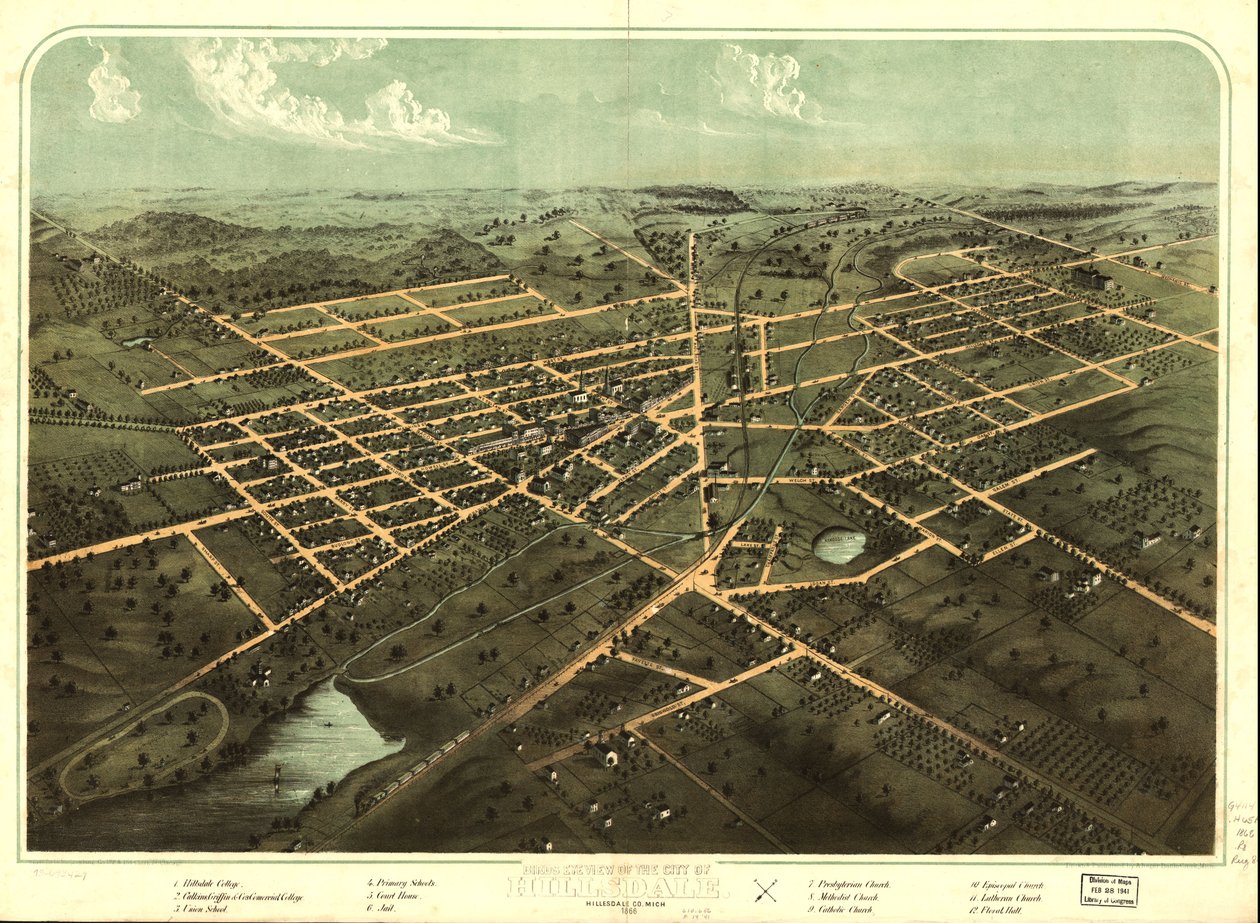 Widok z lotu ptaka na miasto Hillsdale, Hillsdale Co., Mich. 1866. LOC 73693429 autorstwa A.; Chicago Lithographing Co. Ruger