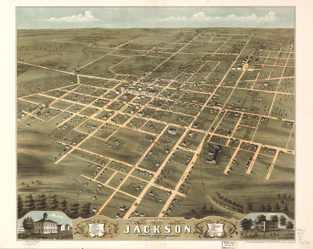 Widok miasta Jackson z lotu ptaka, hrabstwo Madison, Tennessee, 1870. LOC 73694528 autorstwa A.; Chicago Lithographing Co. Ruger