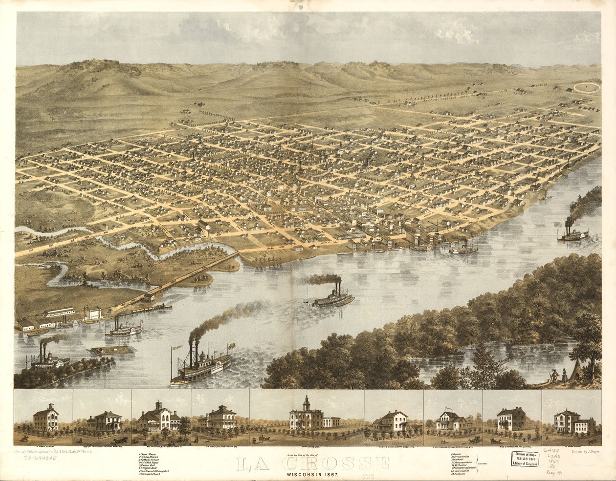 Widok miasta La Crosse w stanie Wisconsin z lotu ptaka, 1867 r. LOC 73694545 autorstwa A.; Chicago Lithographing Co. Ruger
