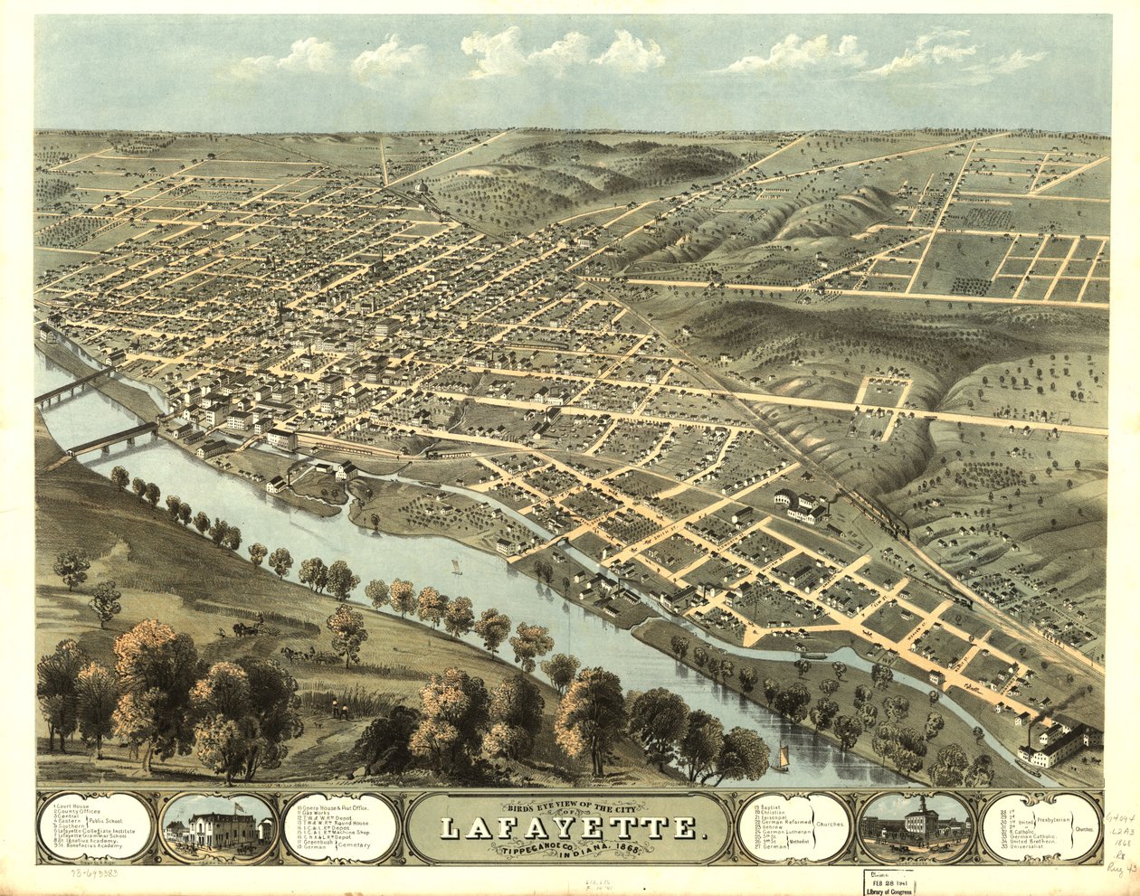 Widok z lotu ptaka na miasto Lafayette, Tippecanoe Co., Indiana 1868. LOC 73693383 autorstwa A.; Chicago Lithographing Co. Ruger
