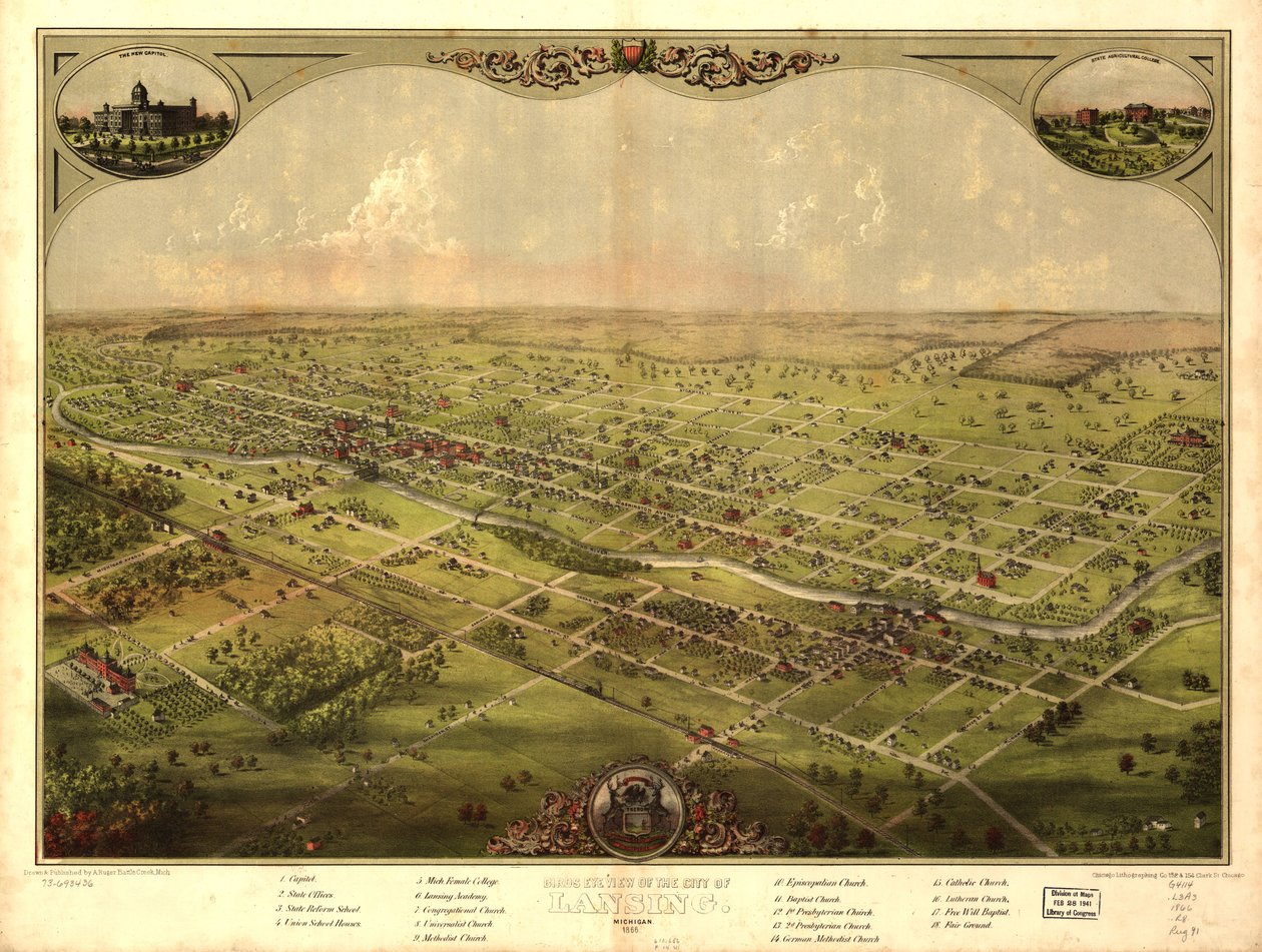 Widok miasta Lansing w stanie Michigan z lotu ptaka, 1866 r. LOC 73693436 autorstwa A.; Chicago Lithographing Co. Ruger