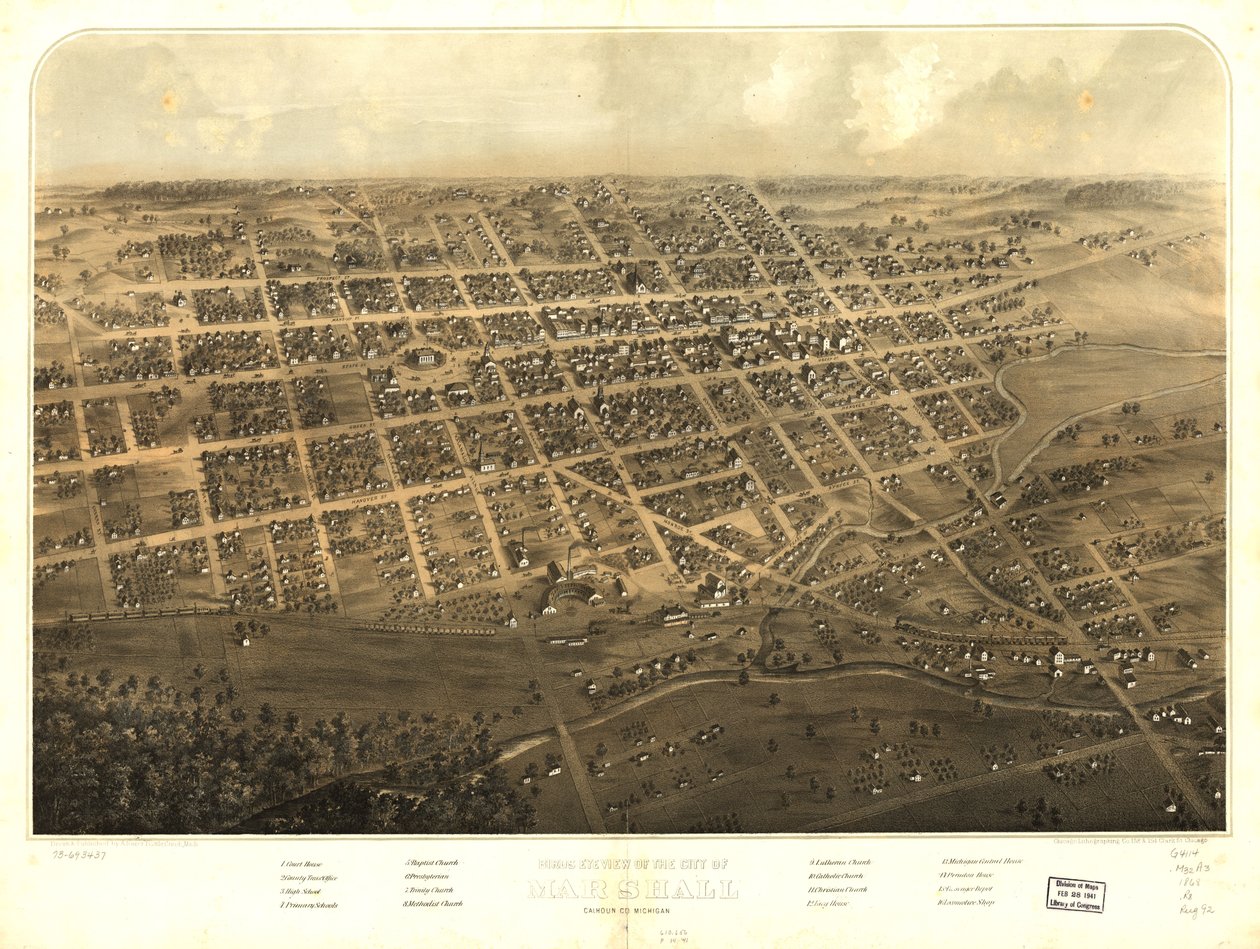 Widok z lotu ptaka na miasto Marshall, Calhoun Co., Michigan. LOC 73693437 autorstwa A.; Chicago Lithographing Co. Ruger