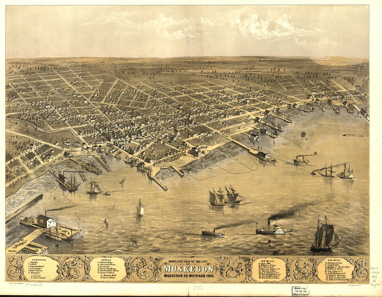 Widok z lotu ptaka na miasto Muskegon, Muskegon Co., Michigan 1868. autorstwa A.; Chicago Lithographing Co. Ruger