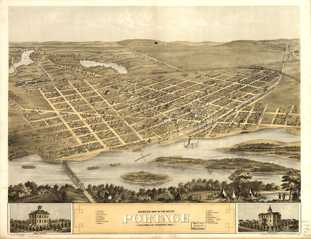 Widok miasta Portage z lotu ptaka, Columbia Co., Wisconsin, 1868 r. LOC 73694548 autorstwa A.; Chicago Lithographing Co. Ruger