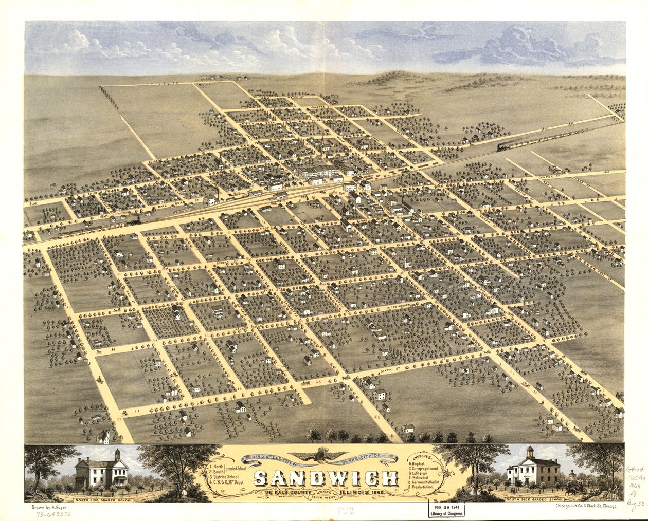 Widok miasta Sandwich z lotu ptaka, hrabstwo De Kalb, Illinois, 1869 r. LOC 73693372 autorstwa A.; Chicago Lithographing Co. Ruger