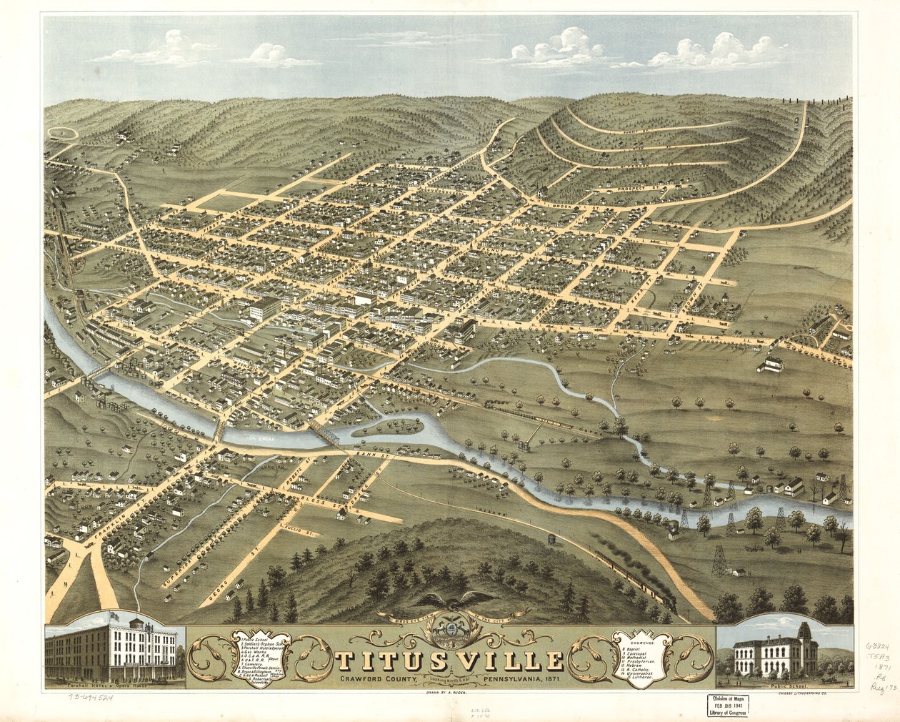 Widok z lotu ptaka na miasto Titusville, hrabstwo Crawford, Pensylwania, 1871. LOC 73694524 autorstwa A.; Chicago Lithographing Co. Ruger