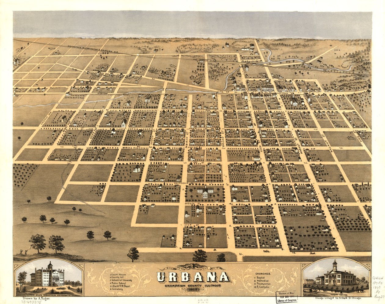 Widok miasta Urbana z lotu ptaka, hrabstwo Champaign, Illinois, 1869 r. LOC 73693375 autorstwa A.; Chicago Lithographing Co. Ruger