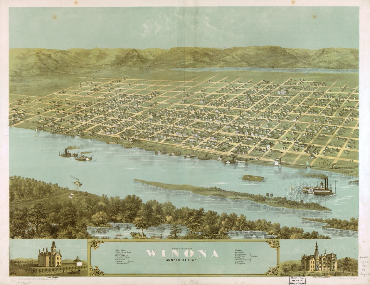 Widok miasta Winona w stanie Minnesota z lotu ptaka, 1867 r. LOC 73693469 autorstwa A.; Chicago Lithographing Co. Ruger