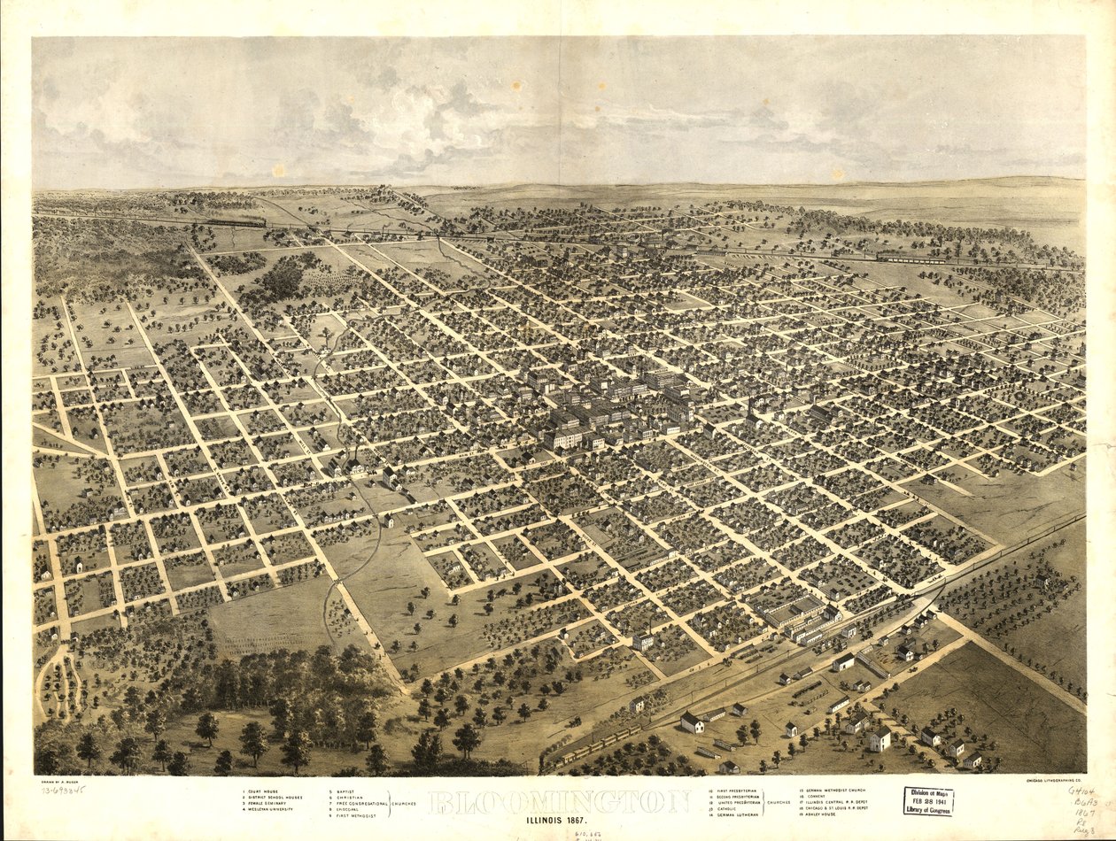 Bloomington, Illinois 1867 r. LOC 73693345 autorstwa A.; Chicago Lithographing Co. Ruger