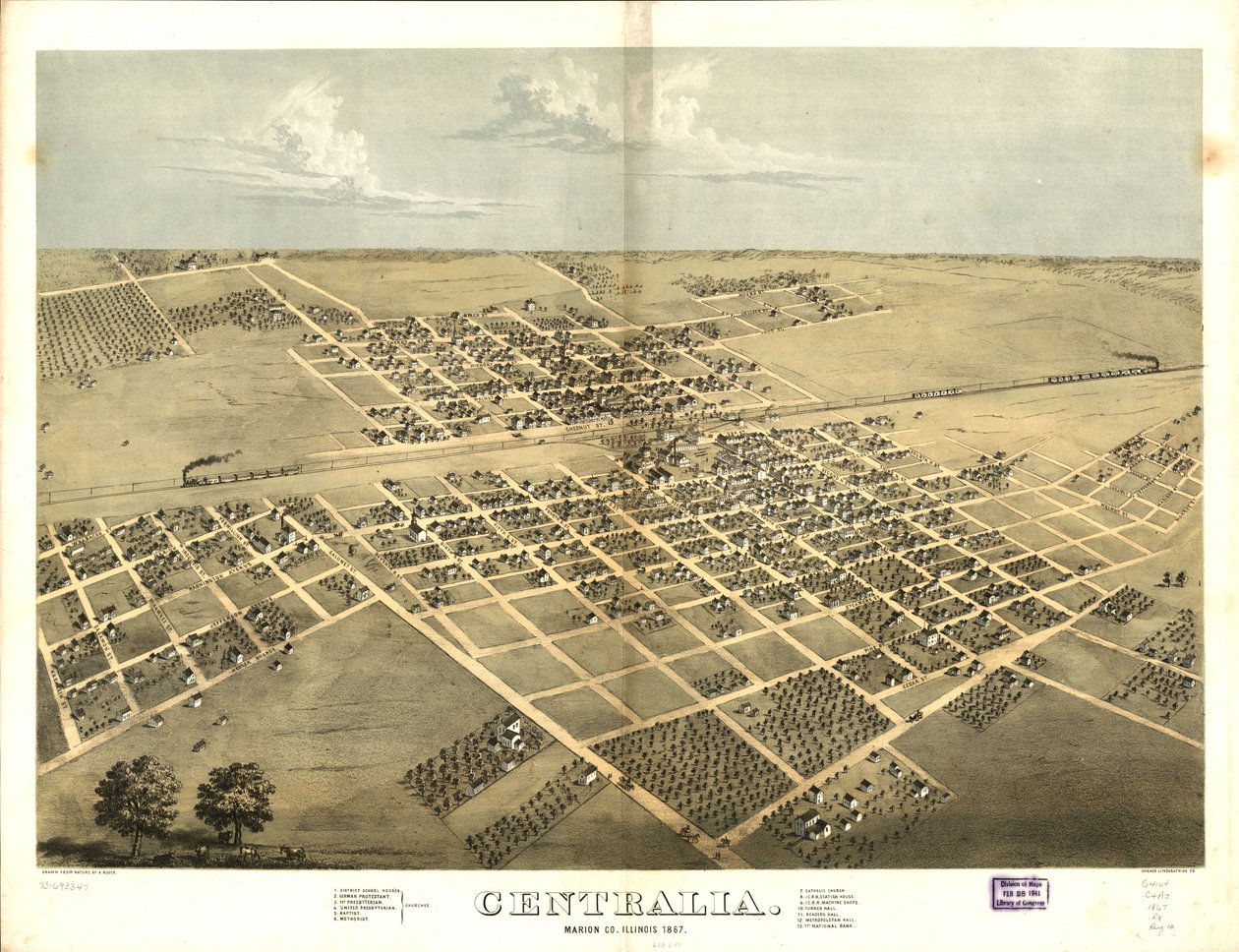 Centralia, Marion Co., Illinois 1867. LOC 73693347 autorstwa A.; Chicago Lithographing Co. Ruger