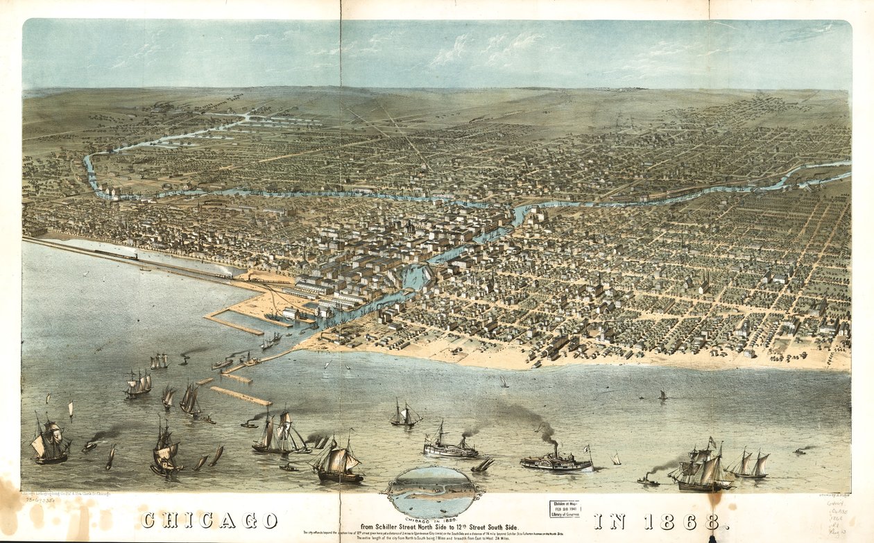 Chicago w 1868 r. od północnej strony ulicy Schiller do południowej strony ulicy 12. LOC 73693350 autorstwa A.; Chicago Lithographing Co. Ruger