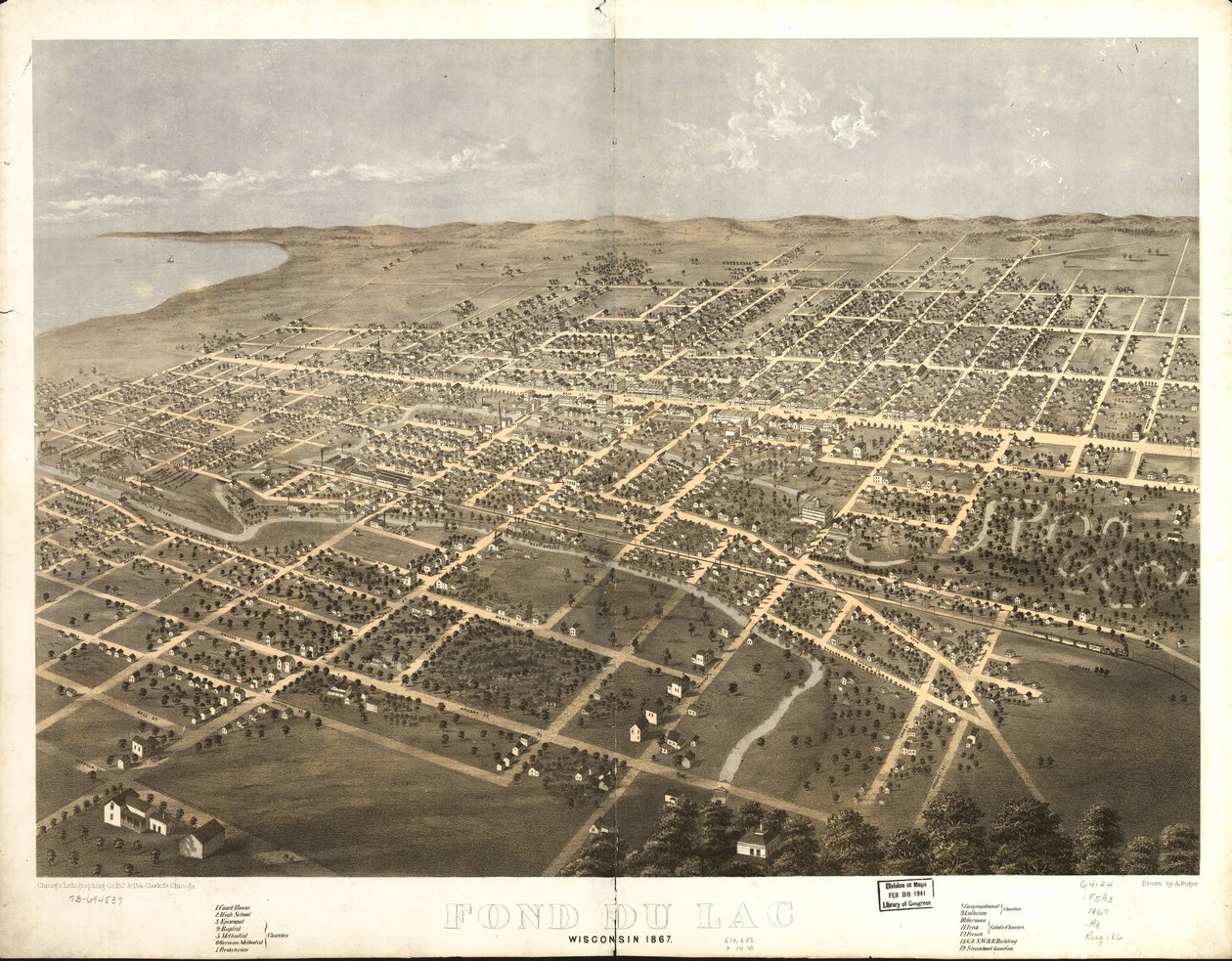 Fond du Lac, Wisconsin 1867 r. LOC 73694539 autorstwa A.; Chicago Lithographing Co. Ruger