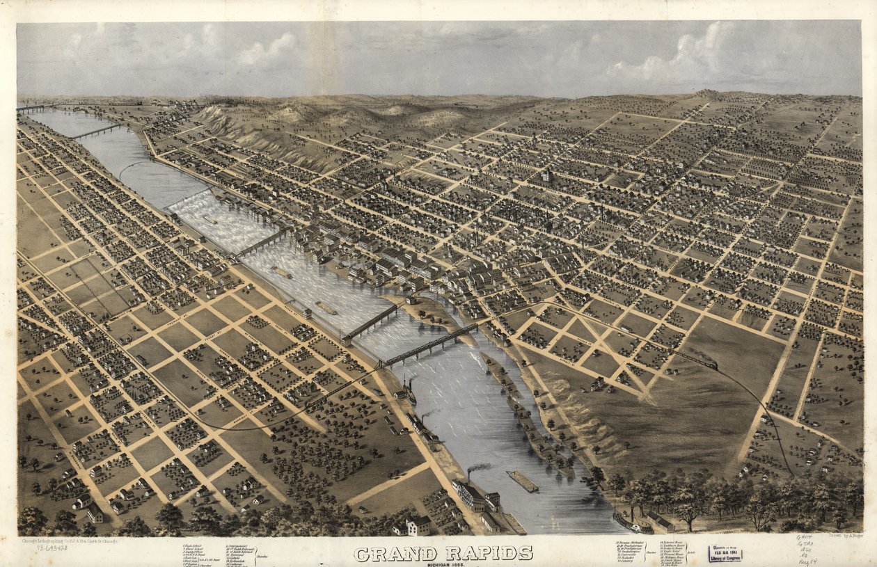 Grand Rapids, Michigan 1868. LOC 73693428 autorstwa A.; Chicago Lithographing Co. Ruger