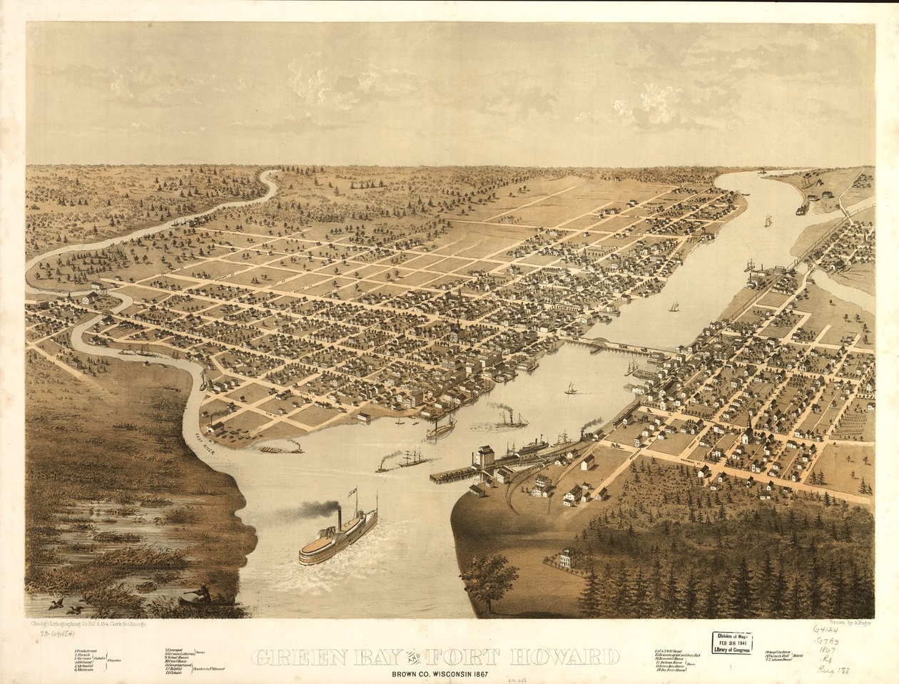 Green Bay i Fort Howard, Brown Co., Wisconsin 1867 r. LOC 73694541 autorstwa A.; Chicago Lithographing Co. Ruger