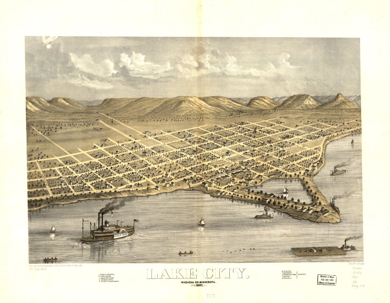 Lake City, Wabasha Co., Minnesota 1867. LOC 73693454 autorstwa A.; Chicago Lithographing Co. Ruger