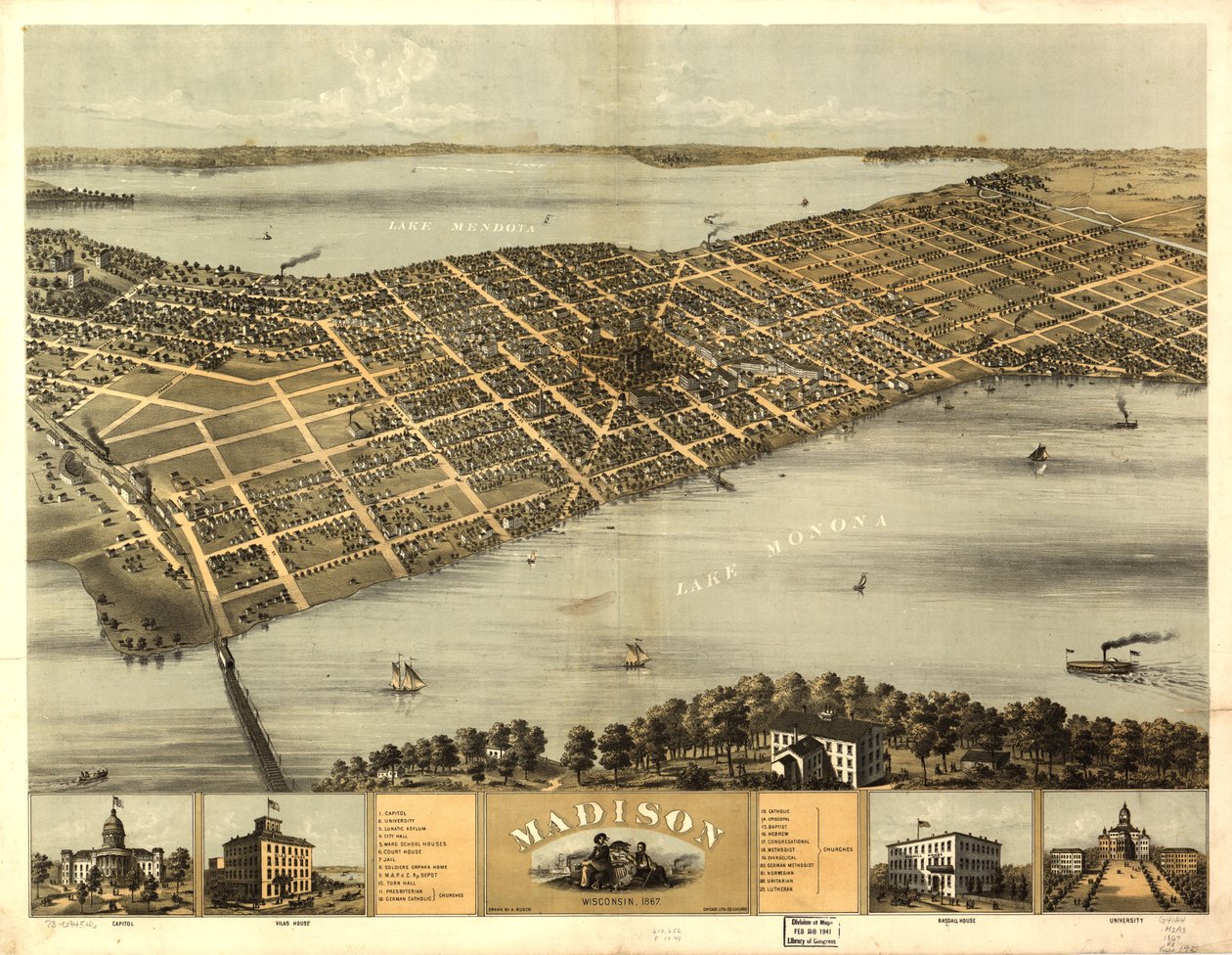 Madison, Wisconsin 1867 r. LOC 73694546 autorstwa A.; Chicago Lithographing Co. Ruger