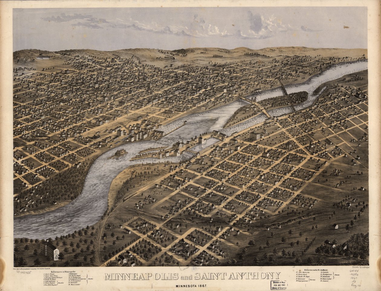 Minneapolis i Saint Anthony, Minnesota 1867 r. LOC 73693455 autorstwa A.; Chicago Lithographing Co. Ruger
