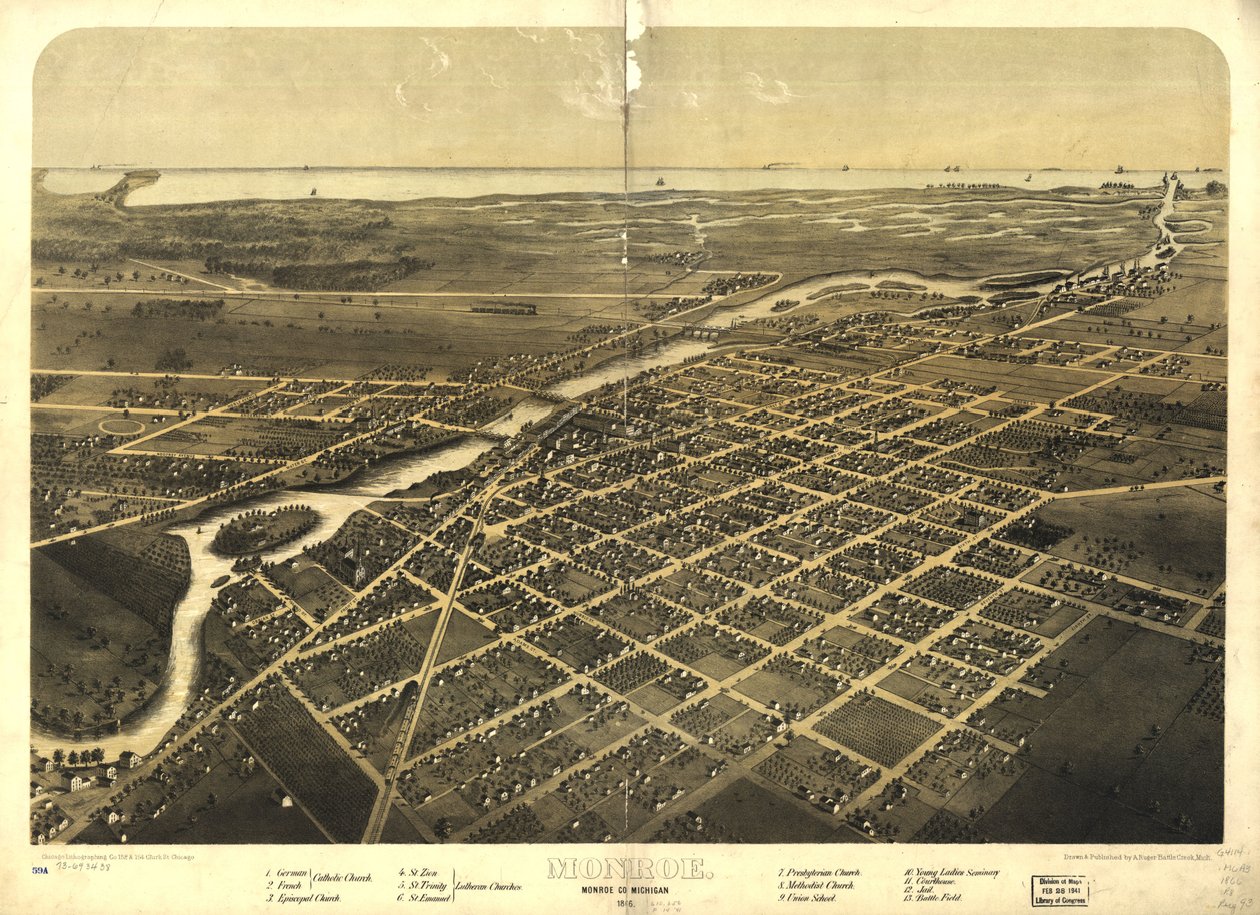 Monroe, Monroe Co., Michigan 1866 r. LOC 73693438 autorstwa A.; Chicago Lithographing Co. Ruger