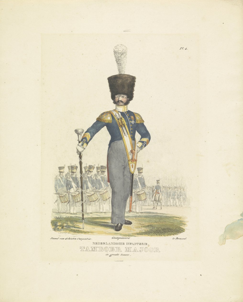 Major perkusyjny w pełnym mundurze Major perkusyjny w pełnym umundurowaniu, 1820-1825 Piechota holenderska. Drum Major w wielkim mundurze (tytuł na obiekcie) Stroje wojskowe Królestwa Niderlandów. Dedykowany Jego Ekscelencji Willemowi van Bylandtowi (seria autorstwa A. Courtois