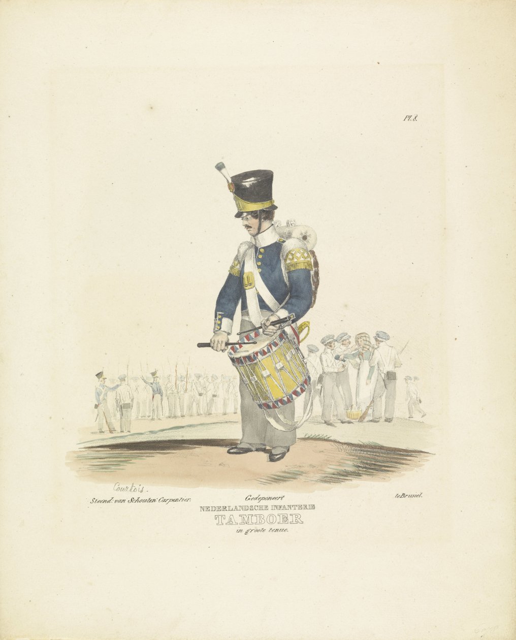 Perkusista w pełnym mundurze Perkusista w pełnym stroju, 1820-1825 Piechota holenderska. Perkusista w pełnym umundurowaniu (tytuł na obiekcie) Stroje wojskowe Królestwa Niderlandów. Dedykowany Jego Ekscelencji Willemowi van Bylandtowi (tytuł serii na temat autorstwa A. Courtois