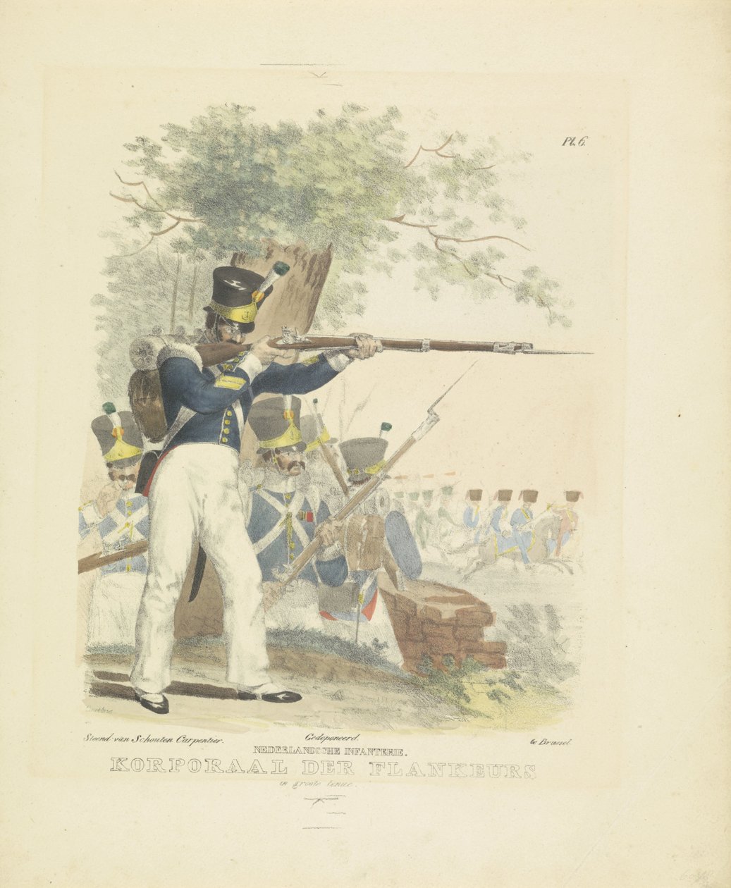Flankeur w wielkim mundurze, 1820-1825 Piechota holenderska. Kapral der Flankeurs w wielkim mundurze (tytuł na obiekcie) Stroje wojskowe Królestwa Niderlandów. Dedykowane Jego Ekscelencji Willemowi van Bylandtowi (tytuł serii na obiekcie) autorstwa A. Courtois