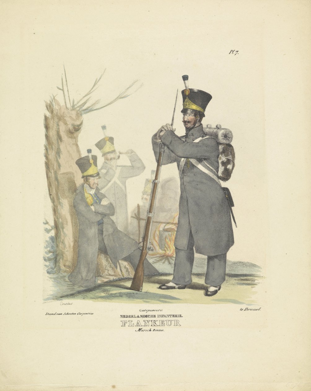 Flanka w stroju marszowym, 1820-1825 Piechota holenderska. Mundur Flankeur Marsch (tytuł na obiekcie) Stroje wojskowe Królestwa Niderlandów. Dedykowane Jego Ekscelencji Willemowi van Bylandtowi (tytuł serii na obiekcie) autorstwa A. Courtois