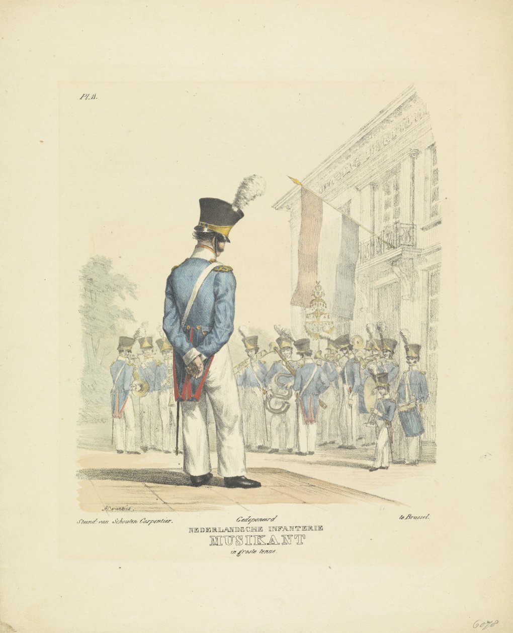 Muzyk w pełnym mundurze Muzyk w pełnym stroju, 1820-1825 Nederlandsche Infanterie Musikant w wielkim mundurze (tytuł na obiekcie) Stroje wojskowe Królestwa Niderlandów. Dedykowany Jego Ekscelencji Willemowi van Bylandtowi (tytuł serii na temat autorstwa A. Courtois