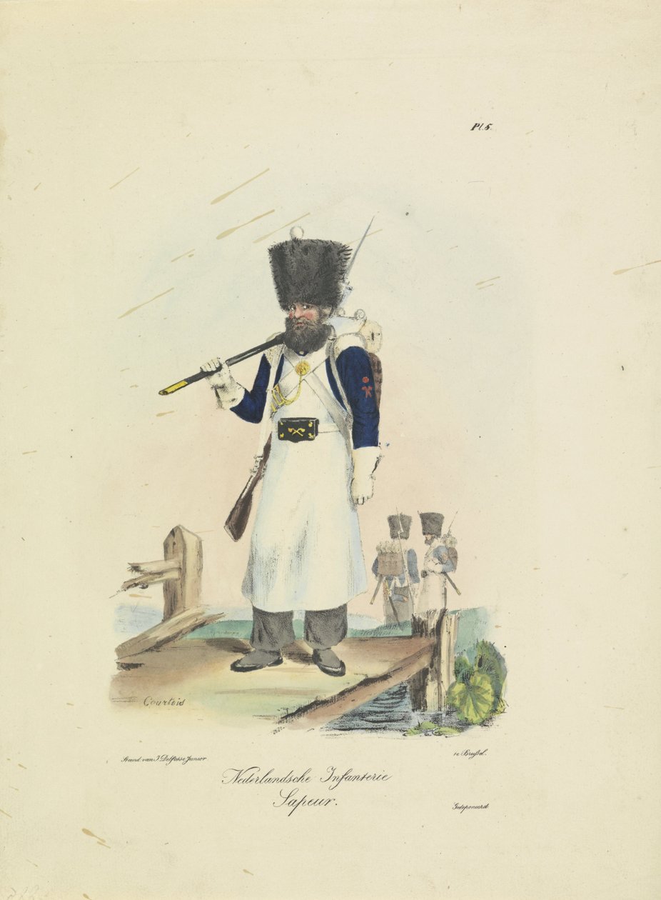 Saper, 1820-1825 Piechota holenderska. sapeur (tytuł na obiekcie) Stroje wojskowe Królestwa Niderlandów. Dedykowane Jego Ekscelencji Willemowi van Bylandtowi (tytuł serii na obiekcie) autorstwa A. Courtois