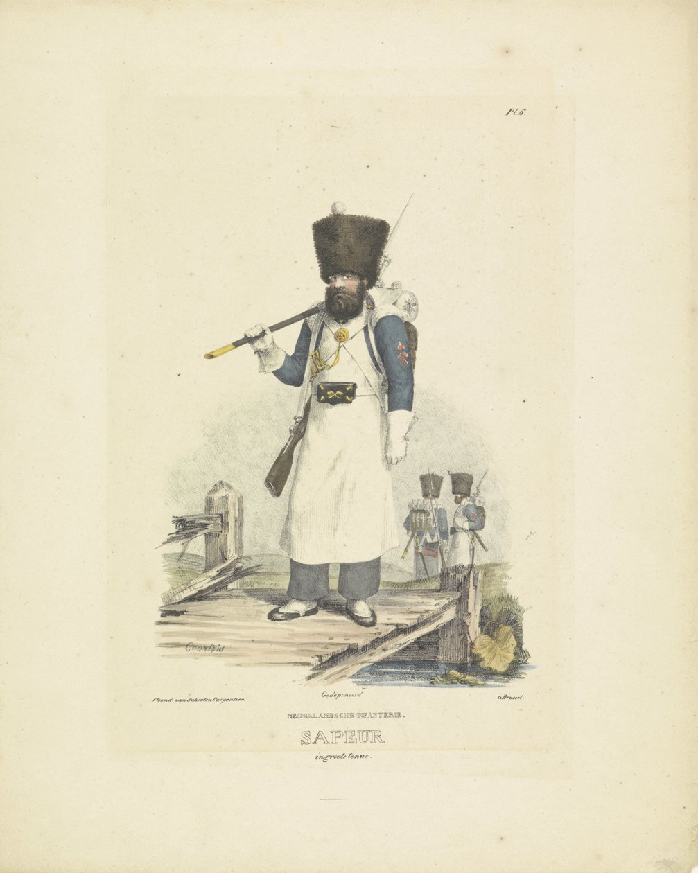 Saper w wielkim mundurze, 1820-1825 Piechota holenderska. Sapeur w dużym stroju (tytuł na obiekcie) Stroje wojskowe Królestwa Niderlandów. Dedykowane Jego Ekscelencji Willemowi van Bylandtowi (tytuł serii na obiekcie) autorstwa A. Courtois